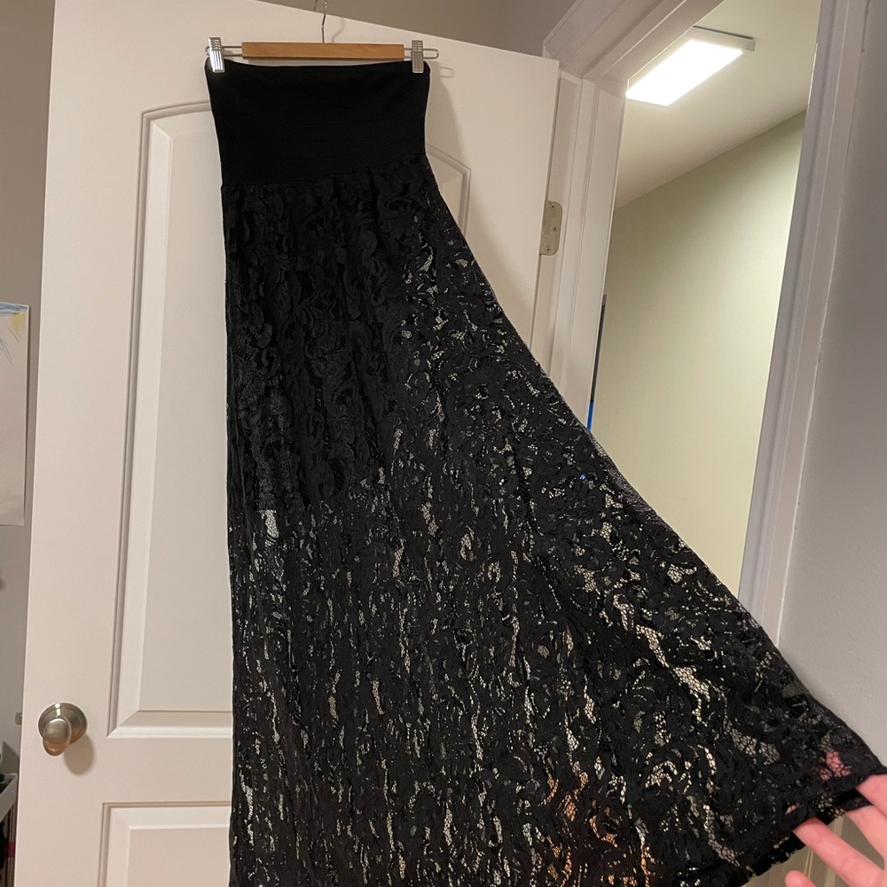 bebe all over lace strapless maxi dress